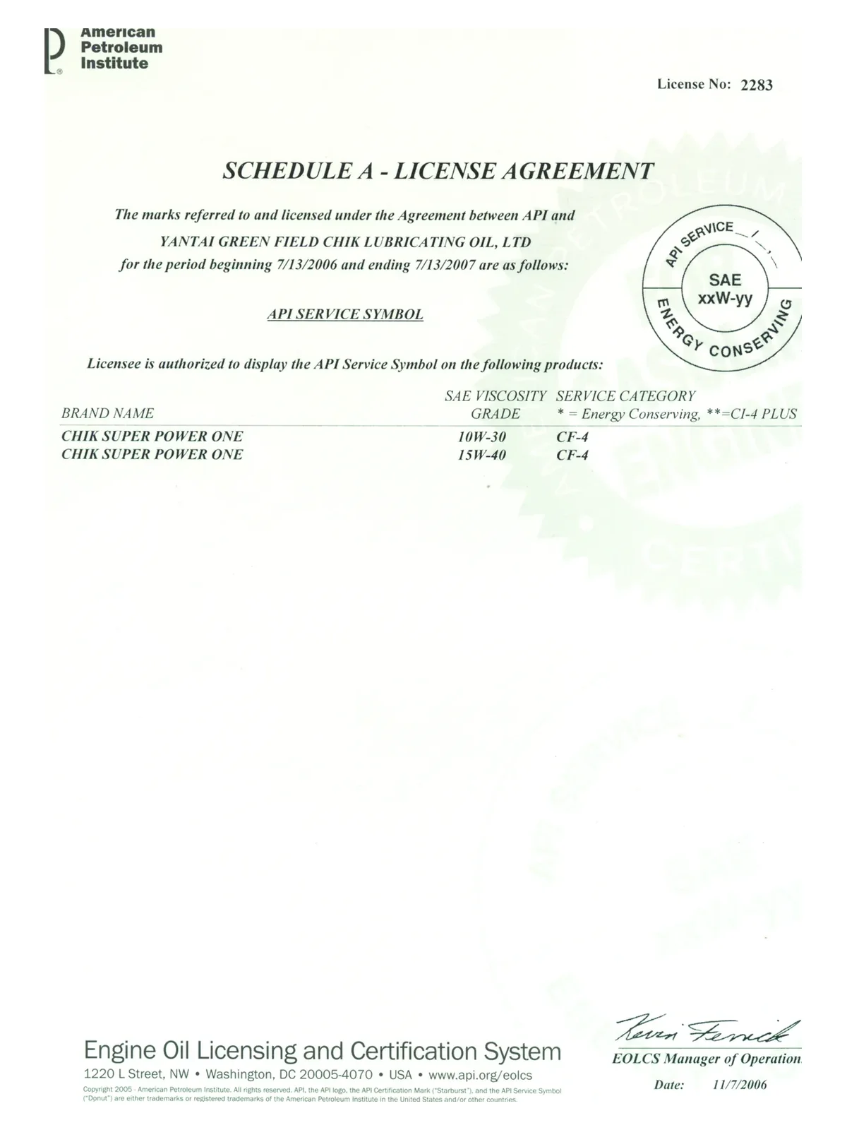 API Engine Oil Licensing — American Petroleum Institute